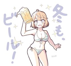  ahoge alcohol bandaid bandaid_on_face beer beer_mug bikini breasts cleavage cup female front-tie_bikini_top front-tie_top green_bikini grey_eyes highres kantai_collection light_brown_hair medium_breasts mug oboro_(kancolle) oerba_yun_fang short_hair side-tie_bikini_bottom skin_fang smile solo sparkle standing striped_bikini striped_clothes swimsuit tatahai 