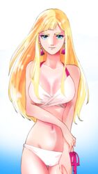  asymmetrical_bikini bare_shoulders bikini blonde_hair blue_eyes breasts collarbone earrings female gigi_andalusia gundam gundam_hathaway&#039;s_flash highres jewelry long_hair looking_at_viewer medium_breasts mugicha_(zoro1132) navel side-tie_bikini_bottom sidelocks solo swimsuit very_long_hair white_bikini 