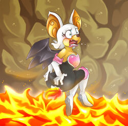  anthro armor armwear ass bat breastplate burning burnt_clothing butt_on_fire catsuit_(disambiguation) clothing elbow_gloves exposed_underwear female fire gloves hand_on_butt handwear lava mammal membrane_(anatomy) membranous_wings open_mouth pain rouge_the_bat sega solo sonic_the_hedgehog_(series) spandex tight_clothing wings yolin 