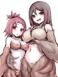  2girls bare_shoulders blush breasts brown_eyes brown_feathers brown_hair brown_wings cleavage commentary_request feathered_wings feathers hair_between_eyes harpy highres large_breasts looking_at_viewer medium_breasts medium_hair midriff mon-musu_quest! mon-musu_quest:_paradox monster_girl multiple_girls navel open_mouth pii_(mon-musu_quest!) pina_(mon-musu_quest!) plunging_neckline raichi_(ddq0246) red_eyes red_hair siblings simple_background sisters white_background winged_arms wings 