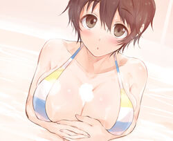  :o arms_under_breasts bikini blush breasts brown_hair cleavage collarbone dutch_angle female hair_between_eyes highres huge_breasts idolmaster idolmaster_cinderella_girls interlocked_fingers kiyu_rei looking_at_viewer multicolored_bikini multicolored_clothes oikawa_shizuku own_hands_together partially_submerged skindentation soap_bubbles solo steam swimsuit wet wet_hair 