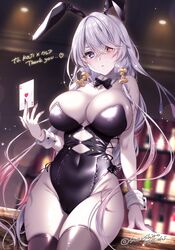  absurdres ace_(playing_card) ace_of_hearts animal_ears arm_at_side arm_support artist_name atelier_(series) atelier_ryza atelier_ryza_2 bare_shoulders black_bow black_bowtie black_leotard black_nails black_thighhighs blurry blurry_background blush bottle bow bowtie breasts card cleavage commentary commission covered_navel cowboy_shot crossed_bangs curvy detached_collar english_commentary eyebrows_hidden_by_hair eyelashes fake_animal_ears female fingernails floating_hair grey_hair groin hair_between_eyes hair_over_one_eye hand_up heart heterochromia highleg highleg_leotard highres holding holding_card indoors large_breasts leotard lila_decyrus long_fingernails long_hair looking_at_viewer multicolored_hair nail_polish parted_lips playboy_bunny playing_card purple_eyes rabbit_ears red_eyes red_hair second-party_source shiny_skin sidelocks skeb_commission skindentation solo sparkle standing strapless strapless_leotard streaked_hair suzushiro_atsushi thighhighs very_long_hair white_wrist_cuffs wine_bottle wrist_cuffs 