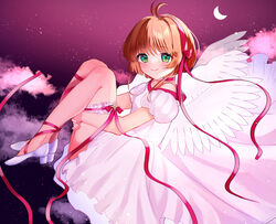  angel_wings antenna_hair breasts cardcaptor_sakura choker commentary_request crescent_moon dosukoi_humitarou dress female from_side hairband high_heels highres hugging_own_legs kinomoto_sakura looking_at_viewer moon red_choker red_hairband red_ribbon ribbon short_hair sky small_breasts solo star_(sky) starry_sky thigh_strap white_dress white_wings wings 