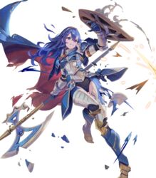  armor axe black_leotard blue_cape blue_eyes blue_hair brand_of_the_exalt cape crest damaged family_crest female fire_emblem fire_emblem_awakening fire_emblem_heroes gesoking highres holding holding_axe holding_shield leotard long_hair lucina_(fate&#039;s_resolve)_(fire_emblem) lucina_(fire_emblem) no_pants non-web_source official_alternate_costume official_art red_cape shield solo tiara torn_clothes transparent_background 