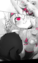  1boy :3 absurdres arm_grab bandaged_hand bandages battle black_choker black_thighhighs blocking blush breasts choker cleavage close-up cropped_jacket duel female goggles goggles_on_head greyscale hair_over_one_eye highres kneeing long_bangs medium_breasts midriff monochrome motion_blur motion_lines niwamaru_(niwarhythm) niwarhythm one_eye_closed original pink_eyes pink_trim pov pov_hands puffy_cheeks smile squeezing_cheeks strapless sweat thighhighs tube_top 