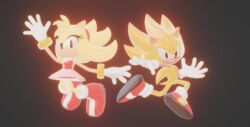  absurd_res action_pose amy_rose anthro blue_archer_(artist) clothing colored duo eulipotyphlan female glowing glowing_body happy hedgehog hi_res jewelry light lighting looking_at_viewer male mammal pose sega simple_background smile smiling_at_viewer sonic_the_hedgehog_(series) super_amy_rose super_form super_sonic 