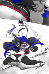  2girls absurdres ass ass_focus battle black_hair black_thighhighs breasts choker cleavage counter-attack evil_smile goggles goggles_on_head high_heels highres legs_up light_blush long_bangs long_hair long_sleeves medium_breasts midriff motion_blur motion_lines multiple_girls niwamaru_(niwarhythm) niwarhythm original pink_eyes pink_trim sameko_(niwarhythm) shaded_face shadow sharp_teeth short_shorts shorts smile surprised sweat teeth thighhighs thighs underboob white_background 