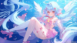  apple_caramel bare_shoulders blue_hair blush breasts bridal_garter commission detached_sleeves feathered_wings female halo highres long_hair looking_at_viewer original pink_skirt pixiv_commission red_eyes revealing_clothes ribbon see-through see-through_sleeves single_thighhigh skirt small_breasts solo thighhighs underwater white_thighhighs wings 