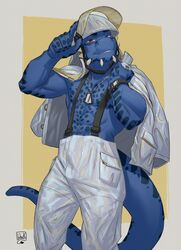  abs anthro argonian armor blue_body blue_skin clock clothing dog_tags firefighter firefighter_helmet firefighter_uniform headgear helmet hi_res jewelry lion21 looking_at_viewer male microsoft muscular muscular_male necklace scalie solo suspenders the_elder_scrolls tristen uniform watch white_clothing 