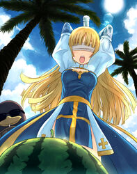  arch_bishop_(ragnarok_online) bird blindfold blonde_hair blue_dress blue_sky blunt_bangs breasts cleavage_cutout clothing_cutout cloud commentary_request cowboy_shot cross dated_commentary dress female food from_below fruit galapago_(ragnarok_online) galapagos_penguin juliet_sleeves lens_flare long_hair long_sleeves medium_bangs medium_breasts open_mouth palm_tree pelvic_curtain puffy_sleeves ragnarok_online sash sky solo suikawari sun sunglasses tree two-tone_dress watermelon white_blindfold white_dress yakka yellow_sash 