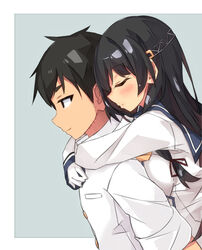  1boy admiral_(kancolle) beritabo black_hair blue_sailor_collar blush breast_press breasts closed_eyes closed_mouth commentary_request female from_side gloves grey_background hair_between_eyes isokaze_(kancolle) jacket kantai_collection long_hair long_sleeves medium_breasts profile sailor_collar shirt sleeves_past_wrists thick_eyebrows two-tone_background very_long_hair white_background white_gloves white_jacket white_shirt 