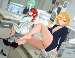  3girls absurdres aqua_hair arm_support bare_legs barefoot beer_can black_footwear blonde_hair blue_eyes blush bookshelf borrowed_character breasts can chair check_commentary cigarette closed_mouth commentary_request desk double-parted_bangs drink_can dutch_angle feet full_body green_hair hair_between_eyes high-waist_skirt high_heels highres hipa_(some1else45) holding holding_cigarette horns indoors knee_up kneepits lamp legs long_hair long_sleeves looking_at_viewer looking_back medium_breasts medium_hair miniskirt monitor multiple_girls nahia_(some1else45) office office_chair office_lady on_desk original panties parted_bangs parted_lips plantar_flexion purple_footwear quatthro red_eyes red_hair sekoshi_(some1else45) shoes single_shoe sitting skirt smile soles swivel_chair thighs toenails toes twintails underwear unworn_shoes 