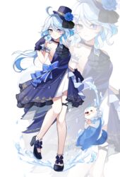  absurdres ascot black_ascot black_gloves blue_eyes blue_gemstone blue_hair blue_hat commentary cowlick dress drop-shaped_pupils female furina_(genshin_impact) gem genshin_impact gloves hat heterochromia highres hydro_symbol_(genshin_impact) leisurely_otter_(genshin_impact) light_blue_hair mismatched_pupils otter solo symbol-shaped_pupils top_hat vision_(genshin_impact) youwon0417 