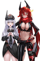  2girls :d absurdres belt black_belt black_bow black_bowtie black_dress black_gloves black_jacket black_pants blush bow bowtie breasts brown_belt cleavage cloak closed_mouth commentary_request cowboy_shot cropped_jacket crotch_plate dress fingerless_gloves flower gloves goddess_of_victory:_nikke hair_between_eyes hand_on_another&#039;s_head hand_on_own_hip head-mounted_display highres hip_vent holding holding_flower holster horns jacket kaminoringo large_breasts leather leather_jacket leather_pants lily_(flower) long_hair long_sleeves looking_at_viewer mechanical_horns multiple_girls navel open_mouth pants red_hair red_hood_(nikke) red_scarf scarf sidelocks simple_background skindentation smile snow_white_(innocent_days)_(nikke) snow_white_(nikke) standing stomach suspenders teeth thigh_holster unzipped upper_teeth_only white_background white_cloak white_hair yellow_eyes 