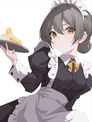  absurdres apron cake cake_slice crystalherb female food grey_hair highres holding holding_tray long_sleeves looking_at_viewer maid maid_apron maid_headdress medium_hair original standing tray white_background yellow_eyes 