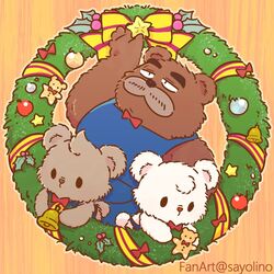  1:1 2023 anthro apron bear bow_tie brown_body brown_fur christmas_decorations clothing dot_eyes drip_(kumalino) fur group kumalino male mammal roast_(kumalino) sanrio sayolino syrup_(kumalino) white_body white_fur 