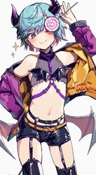  1boy ;) arm_up bare_shoulders bat_wings belt black_nails black_shorts black_thighhighs blue_eyes blue_hair blush candy closed_mouth colored_inner_hair commentary_request contrapposto cowboy_shot crop_top demon_boy demon_horns earrings food garter_belt halloween halloween_costume hand_on_own_hip happy_halloween head_tilt heart heart_earrings highres holding holding_candy holding_food holding_lollipop horns indie_virtual_youtuber jack-o&#039;-lantern jack-o&#039;-lantern_earrings jacket jewelry lollipop male_focus midriff multicolored_hair nail_polish navel o-ring one_eye_closed open_clothes open_jacket otoko_no_ko pink_hair pink_jacket short_hair short_shorts shorts smile solo sparkle stomach swirl_lollipop thighhighs two-sided_fabric two-sided_jacket two-tone_hair virtual_youtuber wings yoruhachi 