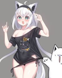  :s absurdres ahoge animal_ear_piercing animal_ears aqua_eyes bare_shoulders black_shirt blush breasts character_print clothes_lift commentary cowboy_shot crossed_bangs double-parted_bangs embarrassed female fox_ears fox_girl fox_tail fubuzilla_(shirakami_fubuki) grey_background grey_hair hair_between_eyes hands_up highres hip_vent hololive kumarang lifting_another&#039;s_clothes long_hair looking_at_viewer loungewear low_twintails medium_breasts nervous_sweating no_bra no_pants oerba_yun_fang off_shoulder official_alternate_costume official_alternate_hairstyle open_mouth print_shirt see-through see-through_shirt shirakami_fubuki shirakami_fubuki_(loungewear) shirt shirt_lift simple_background skin_fang solo surprised sweat sweatdrop t-shirt tail twintails very_long_hair virtual_youtuber 