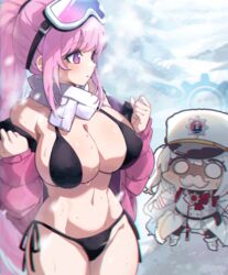  2girls 2ta2ta absurdres bikini blue_archive blue_halo breasts cherino_(blue_archive) cleavage coat eimi_(blue_archive) eimi_(swimsuit)_(blue_archive) fake_facial_hair fake_mustache fur_hat goggles goggles_on_head halo hat highres jacket large_breasts long_hair long_sleeves multiple_girls navel official_alternate_costume open_clothes open_jacket pink_eyes pink_hair pink_jacket ponytail shaded_face ski_goggles sweat swimsuit two_side_up ushanka white_bikini white_coat white_hair white_headwear 