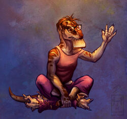  alternative_fashion anthro bread breasts brown_body brown_scales clawed_fingers claws clothing dinosaur dromaeosaurid eating eating_food extinct eyewear feet female fingers_together food footwear glasses glasses_askew hair hanmonster hipster losing_hair merging prehistoric_species red_hair reptile scales scalie skade_(caninehybrid) socks solo species_transformation striped_body stripes tail theropod toast toe_claws torn_clothing torn_footwear torn_socks transformation velociraptor 