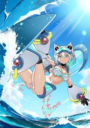  blue_eyes breasts female goggles goggles_on_head hat helmet ico_(megaman_x_dive) large_breasts mega_man_(series) mega_man_x_(series) mega_man_x_dive ocean official_alternate_costume outdoors popo_(popo0cat) robot_girl sky solo sunlight surfboard surfing swimsuit water white_hair 