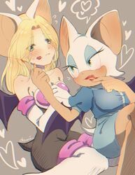  2girls animal_ears bat_ears bat_girl bat_wings blonde_hair blue_dress blue_eyes blush breasts closed_mouth commentary_request cosmetics cosplay costume_switch dress elbow_gloves furry furry_female furry_with_non-furry gloves green_eyes heart interspecies lipstick_mark lipstick_tube maria_robotnik maria_robotnik_(cosplay) multiple_girls rouge_the_bat rouge_the_bat_(cosplay) sitting sonic_(series) time_paradox tondamanuke white_gloves wings yuri 