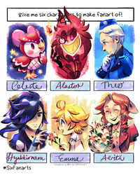  3boys 3girls :d ^_^ aerith_gainsborough ahoge alastor_(hazbin_hotel) bangs basket bird bird_tail bird_wings black_ribbon black_shirt blonde_hair blue_headwear blue_jacket blue_neckwear blush border bow bowtie brown_hair character_name closed closed_eyes collarbone collared_shirt commentary crazy_eyes crazy_smile cuff_links disconnected_mouth dororo_(tezuka) doubutsu_no_mori dress drill_hair emma_(yakusoku_no_neverland) english_commentary english_text eyes_visible_through_hair final_fantasy final_fantasy_vii finger_to_chin flipped_hair flower flower_request from_side full_body furrowed_eyebrows fuuko_(doubutsu_no_mori) gloves green_eyes grin hair_ribbon hairbow hand_on_own_chin hand_up hat hazbin_hotel highres holding holding_basket holding_flower hyakkimaru_(dororo) jacket japanese_clothes kimono long_sleeves looking_down looking_to_the_side medium_hair monocle mouth multiple_boys multiple_girls neck_ribbon necktie night night_sky no_pupils open_mouth outside_border outstretched_hand owl parted_bangs persona persona_3 persona_3_portable pink_bow pink_dress pink_hair pointy_nose print_kimono profile puffy_short_sleeves puffy_sleeves purple_eyes purple_hair purple_kimono red_eyes red_hair red_jacket red_sclera ribbon sharp_teeth shirt short_hair short_sleeves sideburns sidelocks simple_background six_fanarts_challenge sky smile solid_oval_eyes standing star_(sky) striped striped_headwear sweatdrop swept_bangs talons teeth teodor thick_eyebrows twin_drills upper_body upper_teeth v-shaped_eyebrows wavy_hair white_background white_border white_gloves white_hair white_shirt wings yakusoku_no_neverland yellow_eyes yi-wen_leow 