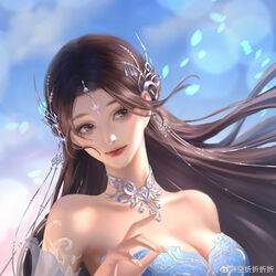  bare_shoulders blue_dress blue_sky breasts brown_hair detached_sleeves dress earrings facial_mark falling_petals female floating_hair forehead_mark from_side grey_eyes hair_ornament highres jewelry kong_zhezhezhezhe large_breasts long_hair looking_to_the_side petals realistic sky smile solo upper_body wanmei_shijie yue_chan_(wanmei_shijie) 