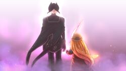  2girls black_cape black_clothes black_gloves black_hair black_jacket black_pants blonde_hair blurry blurry_background brown_headwear cape commentary_request from_behind gloves hat hat_feather height_difference jacket long_hair long_sleeves lyza_(made_in_abyss) made_in_abyss multicolored_hair multiple_girls ozen pants red_jacket short_hair squarevr standing two-tone_hair white_hair wind 