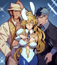  2boys alternate_costume animal_ears artoria_pendragon_(fate) artoria_pendragon_(swimsuit_ruler)_(fate) blue_eyes brown_hair facial_hair fate/grand_order fate_(series) female glasses goatee hand_on_headwear hands_in_pockets hat highres idk-kun long_hair long_sideburns long_sleeves looking_at_viewer multicolored_hair multiple_boys napoleon_bonaparte_(fate) napoleon_bonaparte_(ladies_&amp;_gentlemen)_(fate) navel official_alternate_costume one_eye_covered pantyhose pectorals playboy_bunny rabbit_ears scarf short_hair sideburns sigurd_(fate) sigurd_(ladies_&amp;_gentlemen)_(fate) simple_background smile toned toned_male 