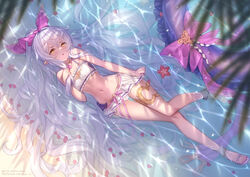  alternate_costume beach bikini cameltoe choker female flat_chest flower full_body granblue_fantasy hair_flower hair_ornament hair_spread_out long_hair looking_at_viewer lying medusa_(shingeki_no_bahamut) medusa_(summer)_(granblue_fantasy) navel official_alternate_costume on_back open_mouth paid_reward_available pointy_ears revision sandals solo swimsuit very_long_hair water white_bikini white_hair yellow_eyes yellowpaint. 