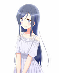  aragaki_ayase black_hair blue_eyes closed_mouth collarbone commentary_request dress female hair_between_eyes long_hair ore_no_imouto_ga_konna_ni_kawaii_wake_ga_nai roaru_(gyuren) short_sleeves simple_background smile solo standing straight_hair sundress swept_bangs very_long_hair white_background white_dress 