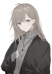  1boy absurdres ahoge alternate_hairstyle bad_id bad_twitter_id black_jacket blue_eyes brown_hair closed_mouth earrings eyelashes grey_background highres jacket jewelry kanae_(8th_costume)_(nijisanji) kanae_(nijisanji) light_brown_hair male_focus mole mole_under_eye necklace nijisanji nokoru_sora open_clothes open_jacket simple_background sleeves_past_wrists smile solo sweater turtleneck turtleneck_sweater upper_body virtual_youtuber white_background 