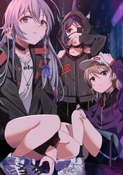  3girls absurdres alley black_choker black_jacket black_shorts blurry choker collarbone depth_of_field ear_piercing earrings eyepatch group_picture hayasaka_mirei highres hoshi_syoko idolmaster idolmaster_cinderella_girls individuals_(idolmaster) jacket jewelry looking_at_viewer looking_away mek_number morikubo_nono multiple_girls nail_polish outdoors piercing shoes shorts sitting sneakers squatting 