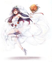  alternate_costume aqua_eyes bare_shoulders black_hair blush bouquet bridal_gauntlets bridal_veil choker counter:side ddolggol dress female flower gradient_hair high_heels highres korean_commentary long_hair multicolored_hair oerba_yun_fang red_hair rosaria_le_friede solo thighhighs tiara veil very_long_hair wedding_dress 