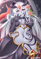  alipheese_fateburn_xvi artist_name blush breasts colored_skin commentary eye_tattoo female flower gold_trim grey_skin hair_flower hair_ornament hair_tattoo kanachirou lamia long_hair looking_at_viewer looking_down medium_breasts mon-musu_quest! mon-musu_quest:_paradox monster_girl navel pink_flower pointy_ears slit_pupils smile solo stomach tattoo white_hair yellow_eyes 