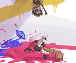  1boy brush claude_von_riegan cosplay dimitri_alexandre_blaiddyd edelgard_von_hresvelg female fire_emblem fire_emblem:_three_houses garreg_mach_monastery_uniform gun highres inkling_player_character inkling_player_character_(cosplay) paint pantyhose rifle splatoon_(series) splatoon_2 stup-jam uniform upside-down weapon 