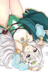  alternate_hair_length alternate_hairstyle antenna_hair bad_id bad_pixiv_id blush commentary detached_sleeves elf female fingernails flat_chest flower green_nails hair_between_eyes hair_flower hair_ornament heart heart-shaped_pupils kokkoro_(princess_connect!) long_hair lying mo_(k40633) on_back parted_lips pink_eyes pointy_ears princess_connect! see-through see-through_sleeves simple_background solo symbol-only_commentary symbol-shaped_pupils very_long_hair white_background white_hair 