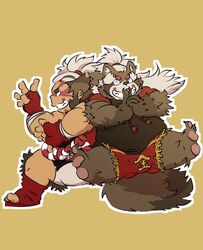  2019 anthro baku_hosamo belly bottomwear brown_body brown_fur canid canine closed_eyes clothing duo fur goemon_(tas) human humanoid_hands lifewonders male mammal overweight overweight_male raccoon_dog shirt shorts simple_background tanuki tokyo_afterschool_summoners topwear 