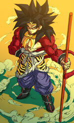  1boy black_hair bo_staff body_fur commentary_request cosplay dragon_ball dragon_ball_gt full_body hand_on_own_hip highres holding journey_to_the_west kouji08250 male_focus monkey_boy monkey_tail muscular muscular_male red_fur ruyi_jingu_bang solo son_goku spiked_hair standing sun_wukong sun_wukong_(cosplay) super_saiyan super_saiyan_4 tail yellow_eyes 