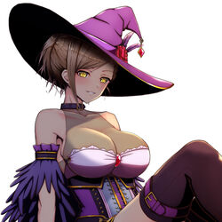  :d bad_id bad_pixiv_id bare_shoulders black_thighhighs breasts brown_hair choker cleavage collarbone corset cross-laced_clothes detached_sleeves female flower hat highres hitofudegaki_usagi hyodo_rena idolmaster idolmaster_cinderella_girls jewelry knee_up light_blush looking_at_viewer medium_breasts open_mouth pendant purple_choker purple_hat red_flower red_rose rose see-through simple_background smile solo thigh_strap thighhighs tied_hair white_background witch_hat yellow_eyes 