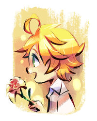  ahoge blonde_hair collared_shirt commentary emma_(yakusoku_no_neverland) english_commentary female flipped_hair flower flower_request from_side green_eyes highres holding holding_flower no_pupils open_mouth profile shirt short_hair simple_background solo upper_body white_background white_shirt yakusoku_no_neverland yi-wen_leow 