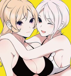  2girls black_bra blonde_hair blush bra breasts embarrassed hair_ornament hairclip highres hug large_breasts multiple_girls nakiri_alice nakiri_erina one_eye_closed ponytail purple_hair red_eyes s2kns1 shokugeki_no_souma short_hair sideboob underwear white_bra white_hair 