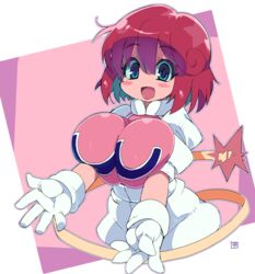  absurdres blue_eyes blush_stickers bombergirl border breasts breasts_squeezed_together collar commentary_request female gloves highres huge_breasts looking_at_viewer open_mouth outstretched_arms pants pastel_(twinbee) pink_background puffy_short_sleeves puffy_sleeves red_hair robot short_sleeves solo tail twinbee white_border white_gloves white_pants zankuro 