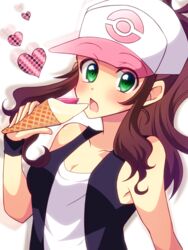  baseball_cap blush breasts brown_hair collarbone commentary_request eyes_visible_through_headwear female food green_eyes hat heart high_ponytail highres hilda_(pokemon) holding holding_food ice_cream long_hair looking_at_viewer medium_breasts no_(yuki) open_mouth poke_ball_print pokemon pokemon_bw print_headwear shadow shirt sidelocks sleeveless sleeveless_shirt solo underwear white_background white_hat white_shirt wristband 