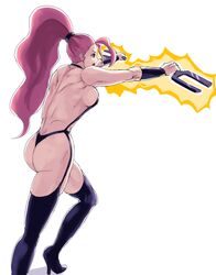  78_(tky8) ass back bare_back bare_shoulders bikini boots breasts captain_commando carol_(captain_commando) cleavage female fork hairband high_heels holding holding_fork holding_weapon large_breasts long_hair muscular muscular_female open_mouth pink_eyes pink_hair ponytail shadow sideboob simple_background solo standing swimsuit thigh_boots weapon white_background 