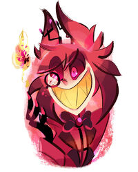  1boy alastor_(hazbin_hotel) border bow bowtie commentary crazy_eyes crazy_smile english_commentary eyes_visible_through_hair grin hand_up hazbin_hotel highres jacket long_sleeves monocle pointy_nose red_eyes red_hair red_jacket red_sclera sharp_teeth sidelocks simple_background smile solo teeth upper_body white_background white_border yi-wen_leow 