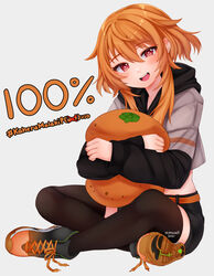  +_+ :d belt blush brown_thighhighs commentary english_commentary female grey_hoodie head_tilt highres hood hood_down hoodie hugging_object indian_style indie_virtual_youtuber kaheru_(vtuber) long_sleeves looking_at_viewer oerba_yun_fang open_mouth orange_belt orange_footwear orange_hair pillow pillow_hug red_eyes shoes simple_background sitting smile solo temachii thighhighs virtual_youtuber white_background 