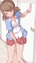  bathroom between_legs blue_jacket blush breasts brown_eyes brown_hair collarbone commentary_request door embarrassed female hair_tie hand_between_legs hand_up have_to_pee highres indoors jacket lass_(pokemon) medium_breasts miniskirt muroi_(fujisan0410) open_mouth pleated_skirt pokemon pokemon_oras red_skirt scrunchie shirt short_hair short_sleeves skirt smile solo standing sweat talking translated trembling twintails white_shirt wrist_scrunchie 