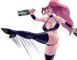  78_(tky8) ass attack bare_shoulders bikini blue_eyes boots breasts captain_commando carol_(captain_commando) cleavage female fork hairband high_heels holding holding_fork holding_weapon kicking large_breasts leg_up long_hair muscular muscular_female pink_hair ponytail simple_background standing standing_on_one_leg sweat swimsuit thigh_boots weapon white_background 